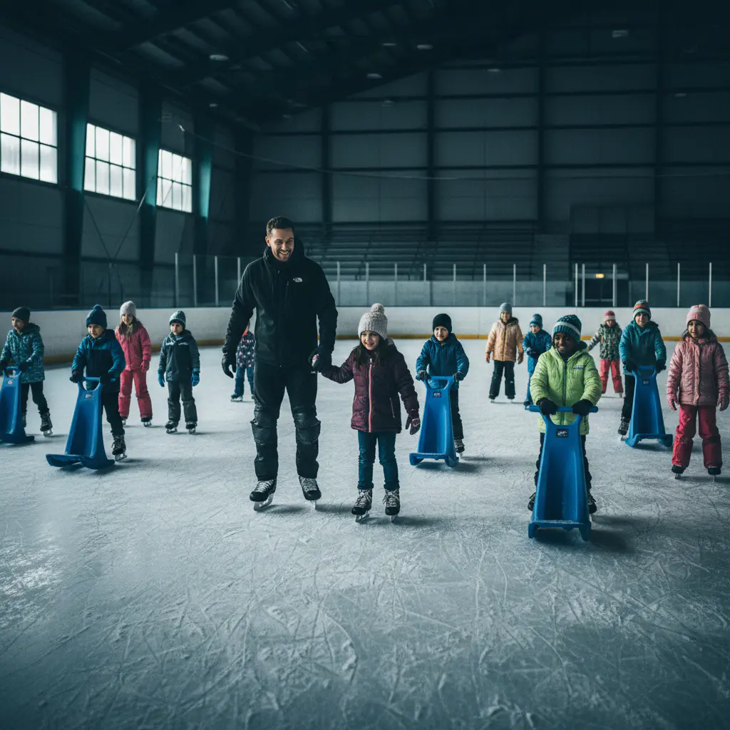 Coach teaching a group of children how to skate