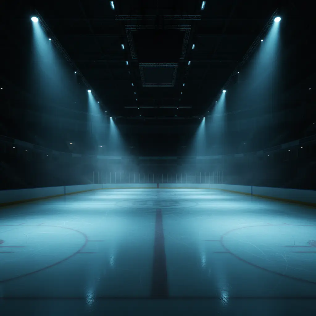 Large empty ice rink with dramatic spotlighting and cool blue tones