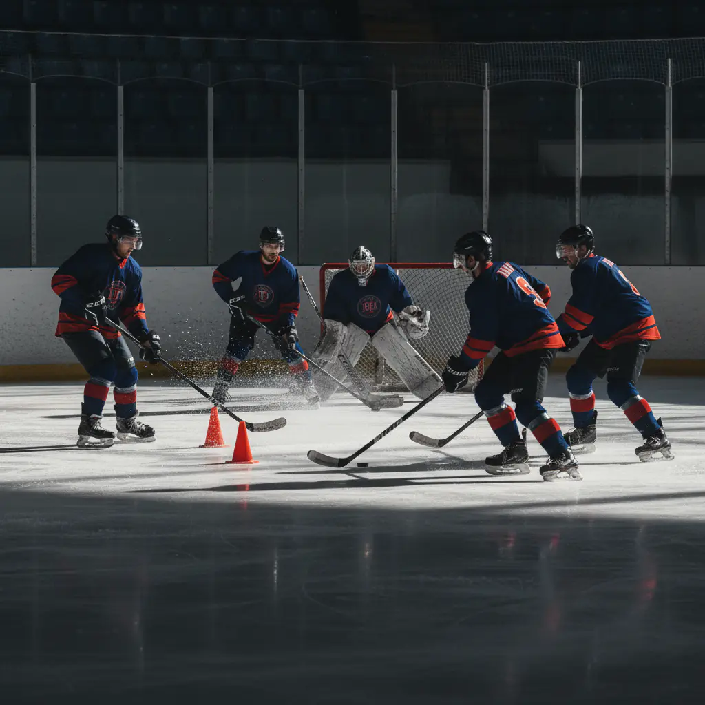 Hockey players practicing on the ice